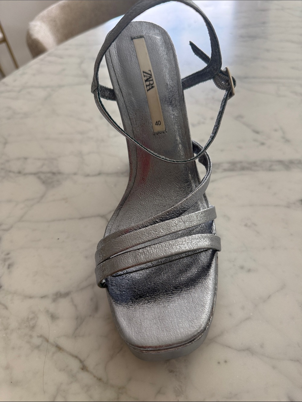 Zara Metallic Silver Strappy Heeled Sandal